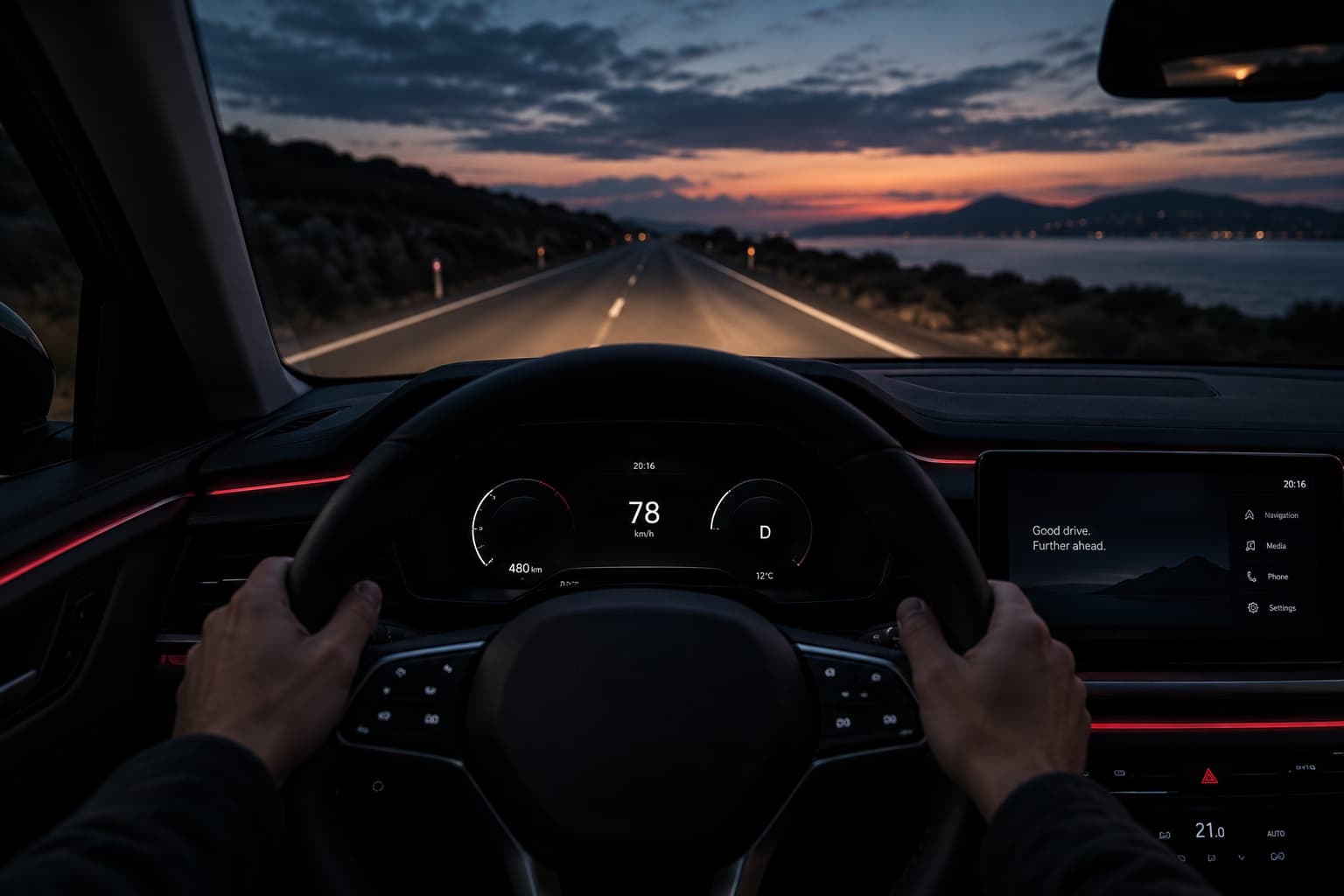 Route ouverte au crépuscule, vue conducteur